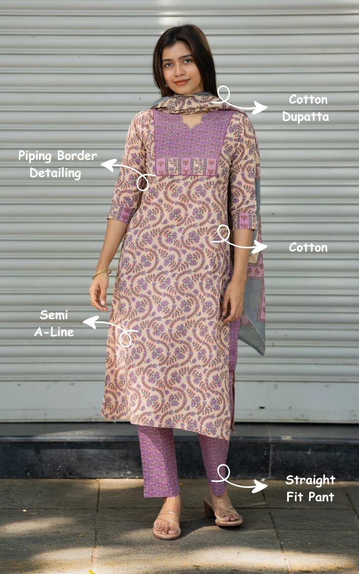 Beige with Pink Cotton Straight Kurti set